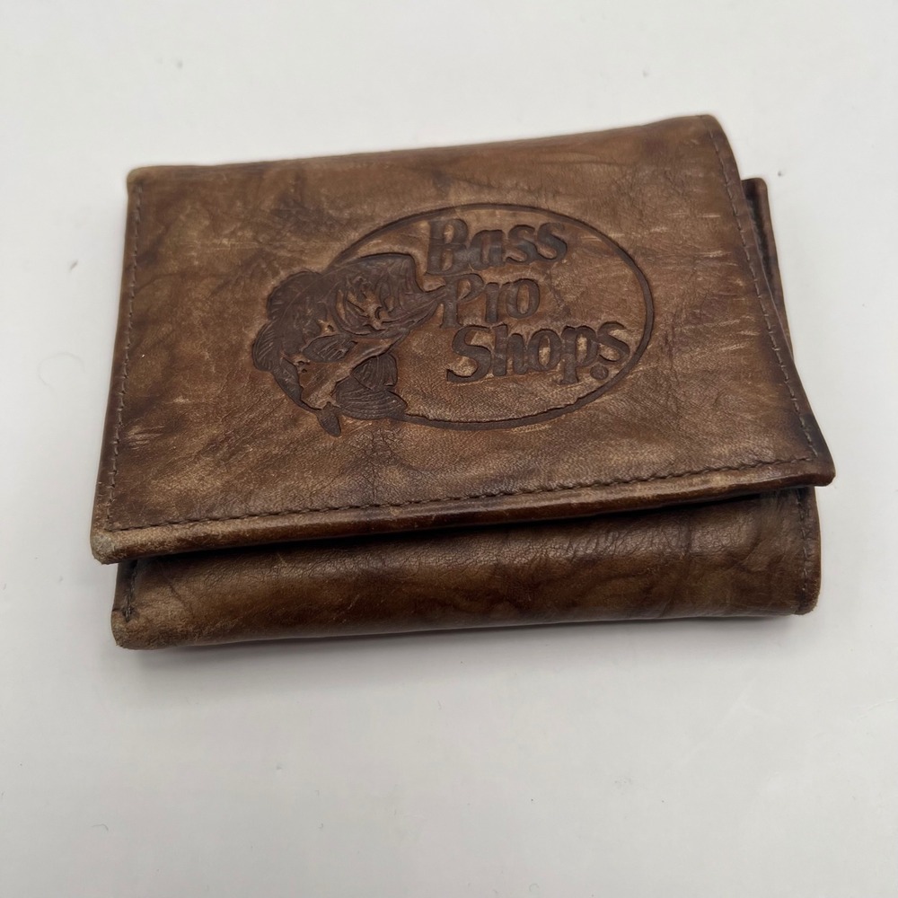 Bass Pro Shops Mens Trifold Wallet Genuine Leather Brown Embossed Logo Fish